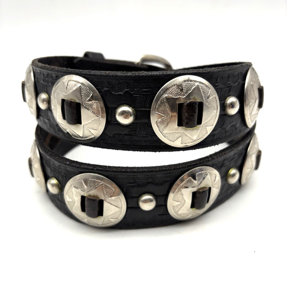 Vintage 80s Handmade Black Tooled Genuine Leather Studded Concho Belt 30-34" - Picture 3 of 16